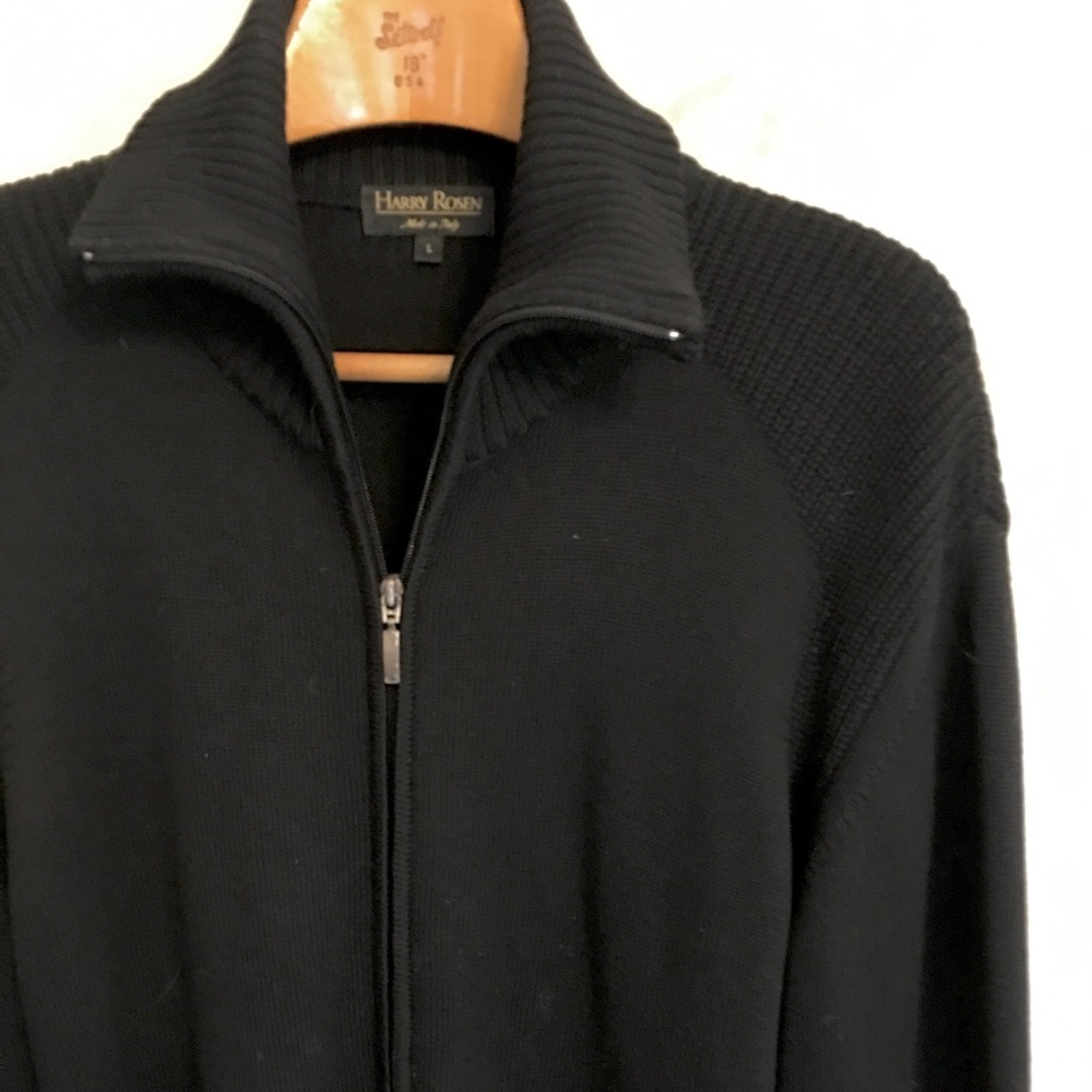 Harry Rosen Zip Up Black Merino Wool Sweater Made in Italy Large